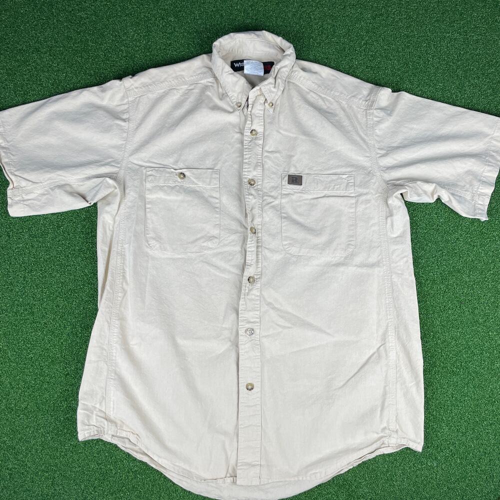 Vintage Wrangler Riggs Workwear Beige Short Sleeve Chambray Work Shirt Sz L